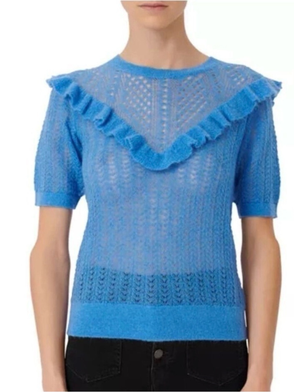 Maje Mohair Openworks Knit Sweater With Ruffles light blue knit size Small